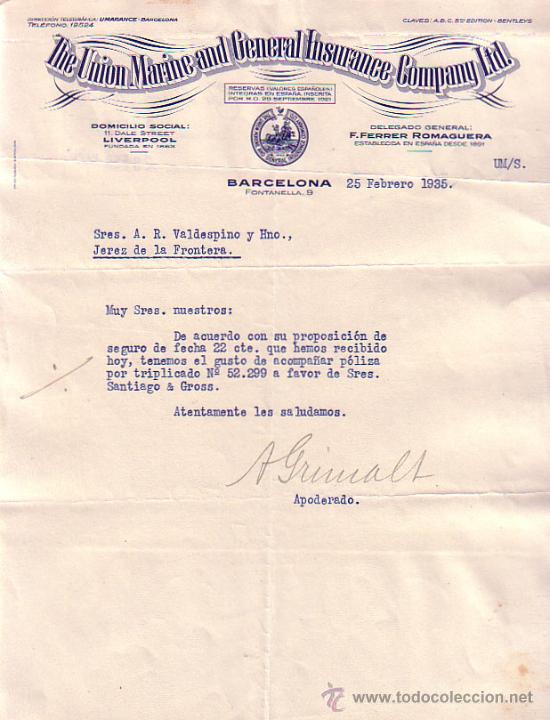 Gesch&auml;ftsbriefe: BARCELONA. 1935. CARTA COMERCIAL. THE UNION MARINE AND GENERAL INSURANCE COMPANY LTD.