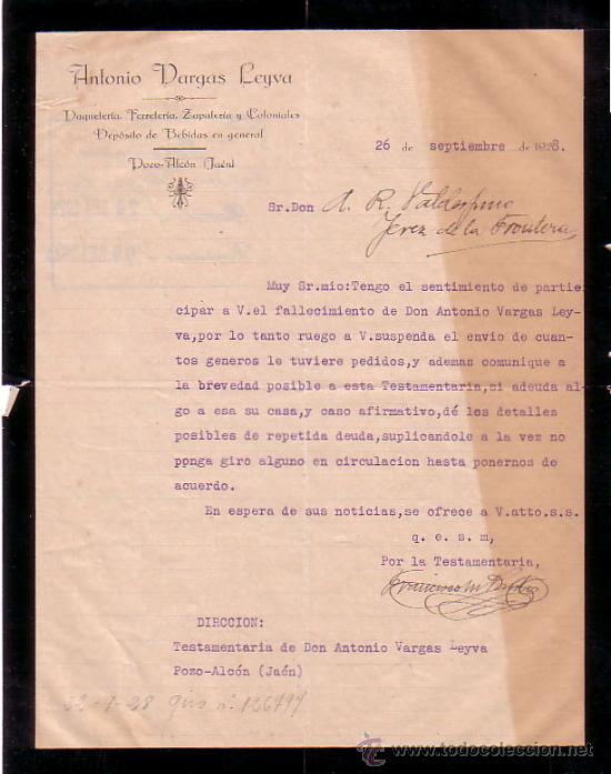 Gesch&auml;ftsbriefe: POZOALCON (JAEN). 1928. CARTA COMERCIAL. ANTONIO VARGAS LEYVA.
