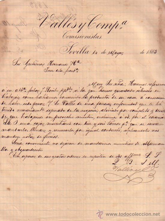 Gesch&auml;ftsbriefe: SEVILLA. 1883. CARTA COMERCIAL. VALLES Y COMPA&Ntilde;IA. COMISIONISTAS.