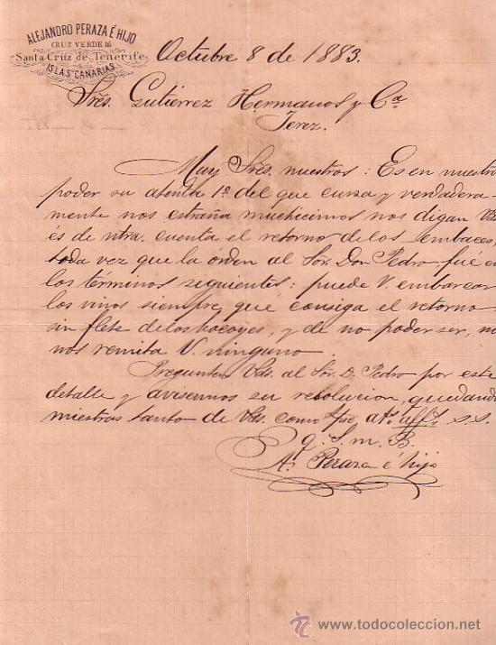 Gesch&auml;ftsbriefe: SANTA CRUZ DE TENERIFE (CANARIAS). 1883. CARTA COMERCIAL. ALEJANDRO PERAZA E HIJO.