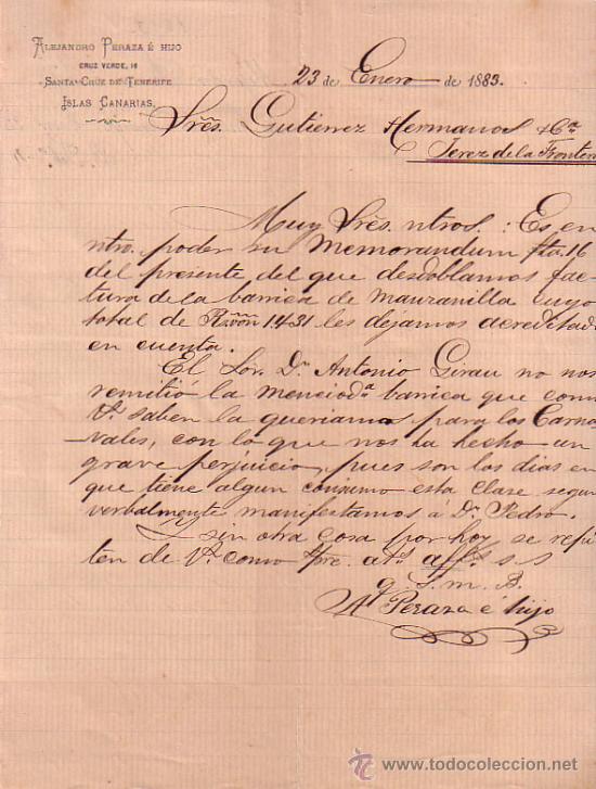 Gesch&auml;ftsbriefe: SANTA CRUZ DE TENERIFE (CANARIAS). 1883. CARTA COMERCIAL. ALEJANDRO PERAZA E HIJO.