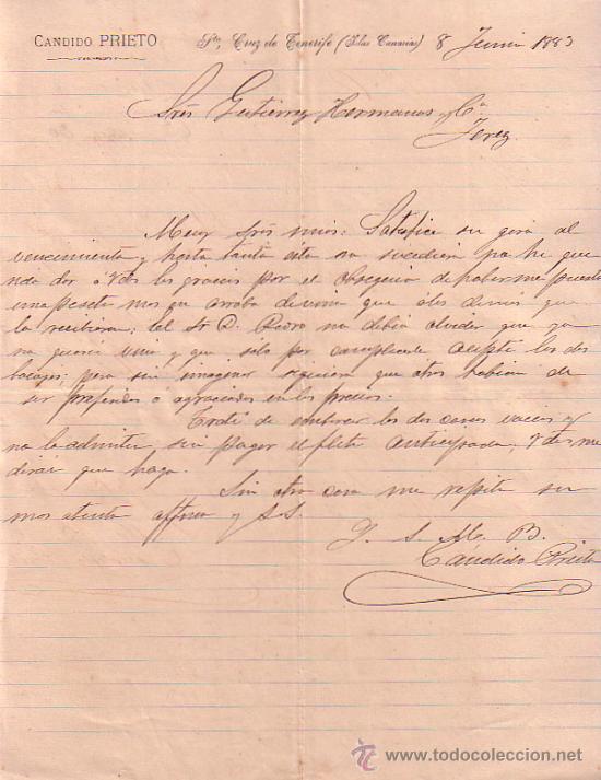 Gesch&auml;ftsbriefe: SANTA CRUZ DE TENERIFE (CARANRIAS). 1883. CARTA COMERCIAL. CANDIDO PRIETO.