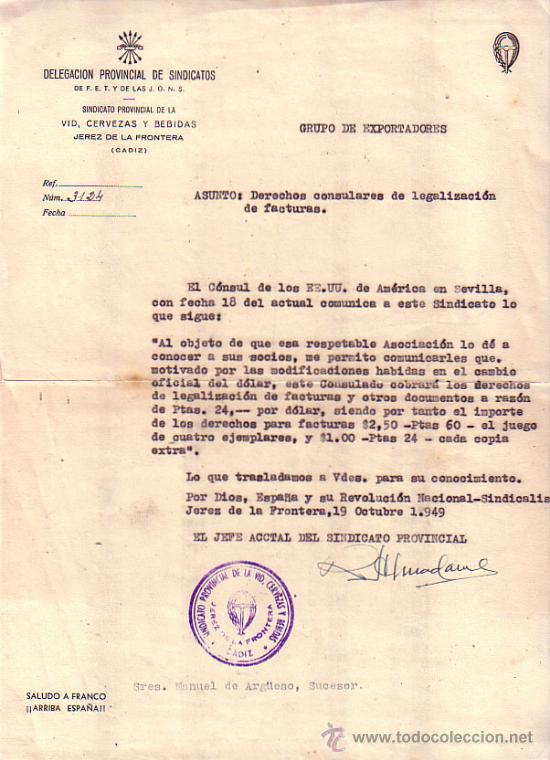 Gesch&auml;ftsbriefe: JEREZ DE LA FRONTERA (CADIZ). 1949. CARTA COMERCIAL. DELEGACI&Oacute;N PROVINCIAL DE SINDICATOS.