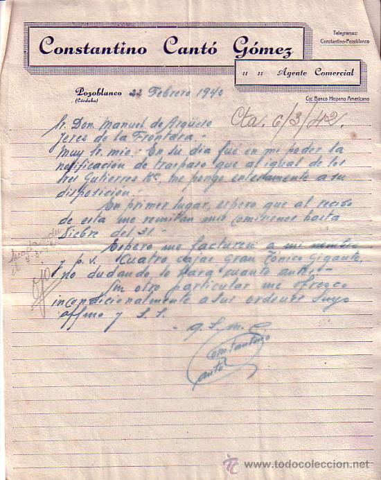 Gesch&auml;ftsbriefe: POZOBLANCO (CORDOBA). 1942. CARTA COMERCIAL. AGENTE COMERCIAL. CONSTANTINO CANTO GOMEZ
