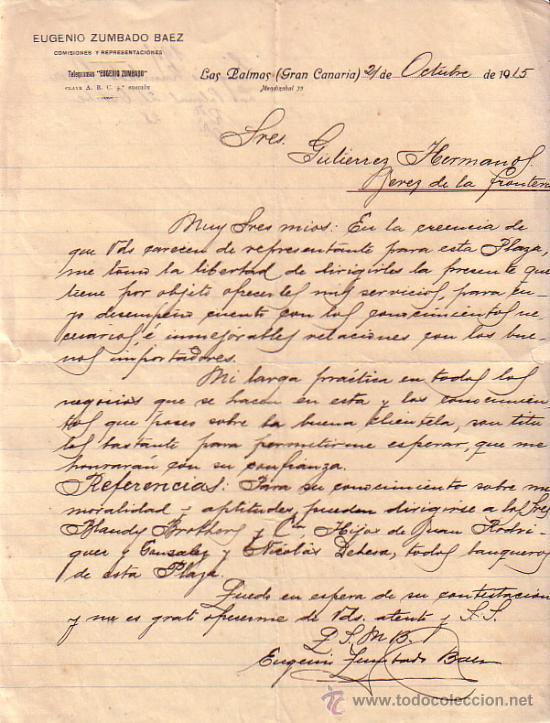 Gesch&auml;ftsbriefe: LAS PALMAS (CANARIAS). 1915. CARTA COMERCIAL. COMISIONES Y REPRESENTACIONES. EUGENIO ZUMBADO BAEZ.