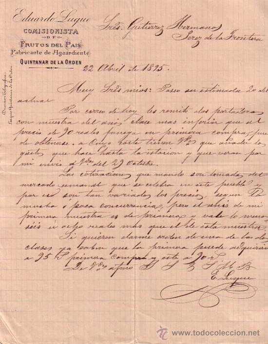 Gesch&auml;ftsbriefe: QUINTANAR DE LA ORDEN (TOLEDO). 1895. CARTA COMERCIAL. EDUARDO LUQUE. COMISIONISTA FRUTOS DEL PAIS.