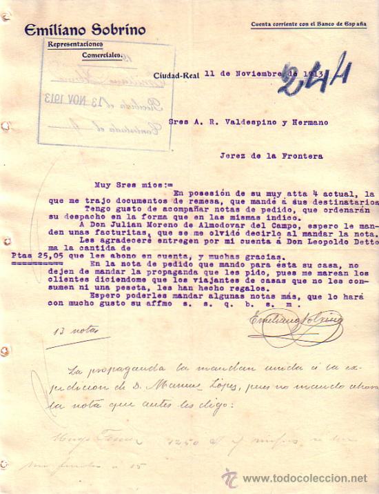 Gesch&auml;ftsbriefe: CIUDAD REAL. 1913. CARTA COMERCIAL EMILIANO SOBRINO. REPRESENTACIONES COMERCIALES.