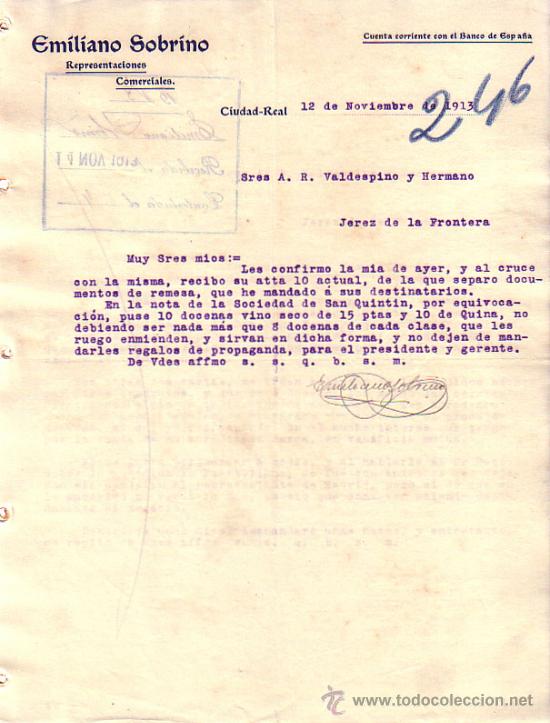 Gesch&auml;ftsbriefe: CIUDAD REAL. 1913. CARTA COMERCIAL EMILIANO SOBRINO. REPRESENTACIONES COMERCIALES.