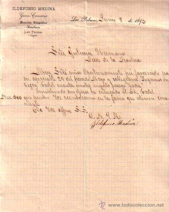 Gesch&auml;ftsbriefe: LAS PALMAS (CANARIAS). 1893. CARTA COMERCIAL DE IDELFONSO MEDINA.