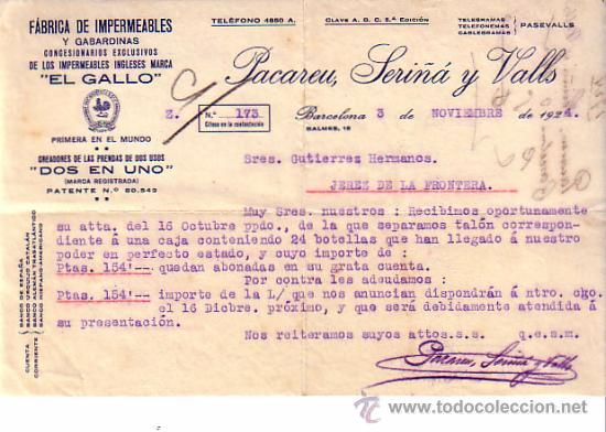 Gesch&auml;ftsbriefe: BARCELONA. 1924. FABRICA DE IMPERMEABLES Y GABARDINAS EL GALLO. PACAREU, SERI&Ntilde;A Y VALLS