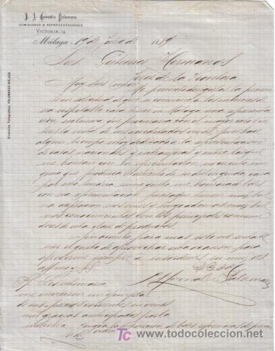 Gesch&auml;ftsbriefe: MALAGA.1889. CARTA COMERCIAL DE COMISIONES Y REPRESENTACIONES. J. A. GONZALEZ PALOMARES.