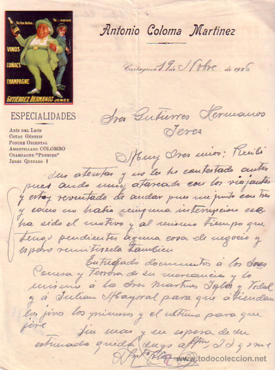 Cartas comerciales: CARTAGENA (MURCIA). 1926. CARTA COMERCIAL. VINOS, CHAMPAGNE, GUTIERREZ HERMANOS. A. C. MARTINEZ.