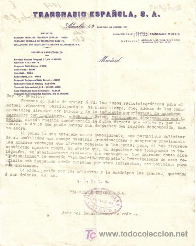Cartas comerciales: MADRID. 1929. CARTA COMERCIAL DE TRANSRADIO ESPA&Ntilde;OL, S. A.