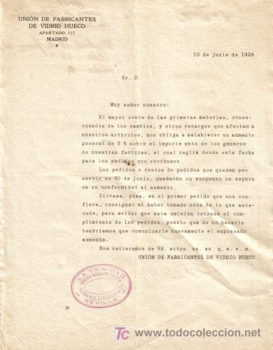 Cartas comerciales: MADRID. 1929. CARTA COMERCIAL DE UNION DE FABRICANTES DE VIDRIO HUECO.