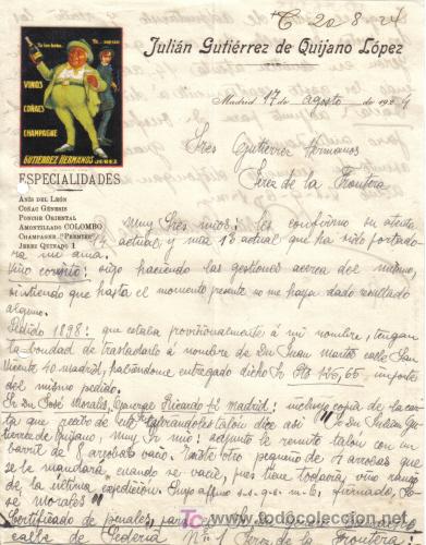 Cartas comerciales: MADRID. 1924. CARTA COMERCIAL DE VINOS, CO&Ntilde;AC Y CHAMPAGNE. JULIAN GUTIERREZ DE QUIJANO LOPEZ.