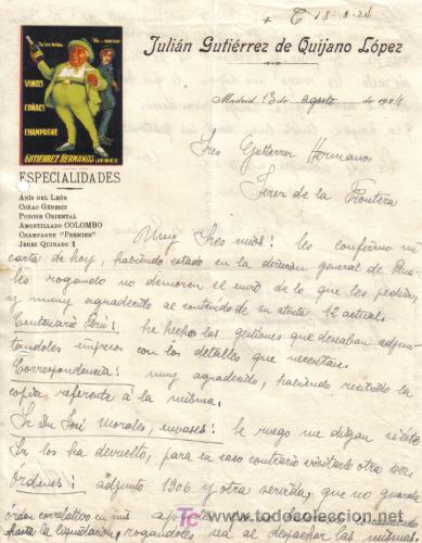 Cartas comerciales: MADRID. 1924. CARTA COMERCIAL DE VINOS, CO&Ntilde;AC Y CHAMPAGNE. JULIAN GUTIERREZ DE QUIJANO LOPEZ.