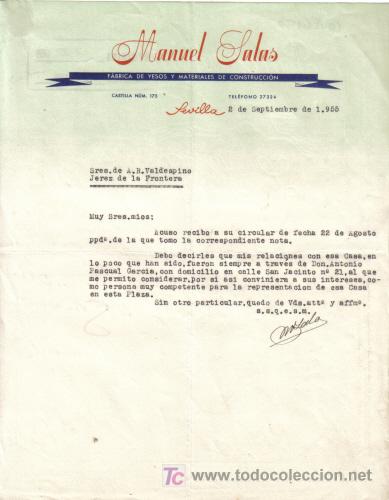 Cartas comerciales: SEVILLA.1955. CARTA COMERCIAL DE FABRICA DE YESOS Y MATERIALES DE CONSTRUCCION. MANUEL SALAS.