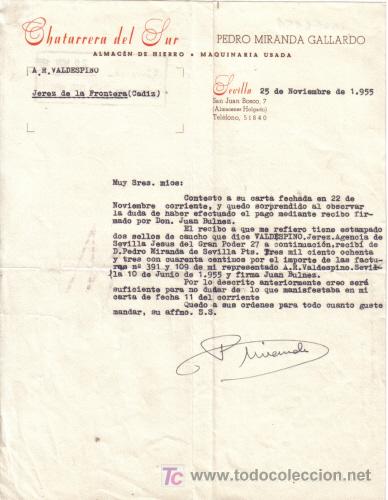 Cartas comerciales: SEVILLA.1955. CARTA COMERCIAL DE ALMACEN DE HIERRO. MAQUINA USADA. CHATARRERA DEL SUR.