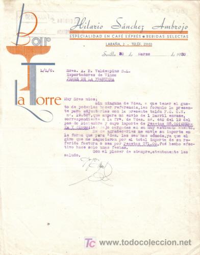 Cartas comerciales: SEVILLA.1950. CARTA COMERCIAL DE BAR LA TORRE. HILARIO SANCHEZ AMBROJO.