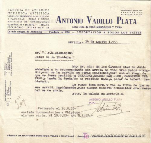 Cartas comerciales: SEVILLA.1955. CARTA COMERCIAL DE FABRICA DE AZULEJOS DE CERAMICA. ANTONIO VADILLO PLATA.
