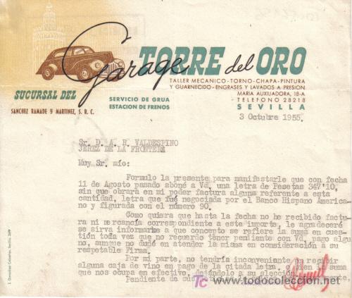 Cartas comerciales: SEVILLA.1955. CARTA COMERCIAL DE GARAGE TORRE DEL ORO.
