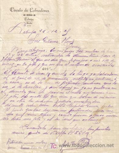Cartas comerciales: LEBRIJA ( SEVILLA).1925. CARTA COMERCIAL DE CIRCULO DE LABRADORES.