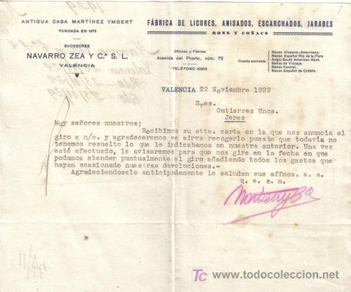Cartas comerciales: VALENCIA.1929. CARTA COMERCIAL DE FABRICA DE LICORES, ANISADOS, ESCARCHADOS Y JARABES.