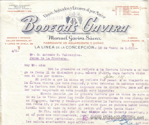 Cartas comerciales: LA LINEA DE LA CONCEPCION ( CADIZ).1955. CARTA COMERCIAL DE BODEGAS GAVIRA. VINOS, ANISADOS YLICORES