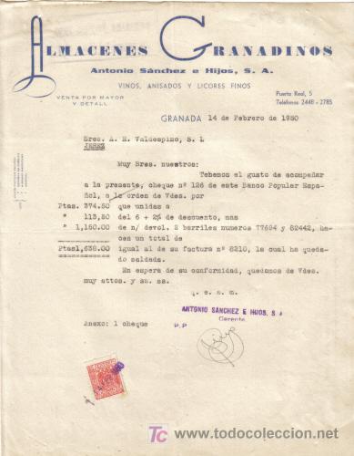 Gesch&auml;ftsbriefe: GRANADA.1950. CARTA COMERCIAL DE ALMACENES GRANADINOS. ANTONIO SANCHEZ E HIJOS, S. A.