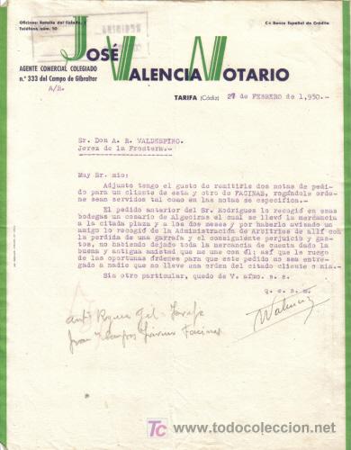 Gesch&auml;ftsbriefe: TARIFA ( CADIZ).1950. CARTA COMERCIAL DE AGENTE COMERCIAL. JOSE VALENCIA NOTARIO.