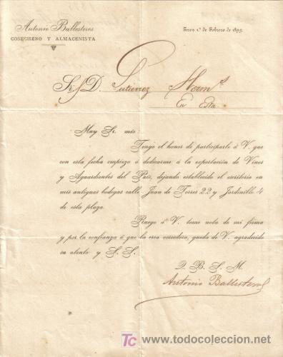 Gesch&auml;ftsbriefe: JEREZ DE LA FRONTERA ( CADIZ). 1895. CARTA COMERCIAL DE COSECHERO Y ALMACENISTA. ANTONIO BALLESTERO.