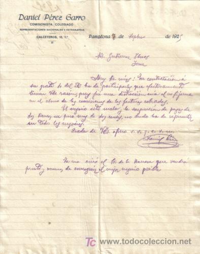 Gesch&auml;ftsbriefe: PAMPLONA. 1925. CARTA COMERCIAL DE COMISIONISTA COLEGIADO. DANIEL PEREZ GARRO.