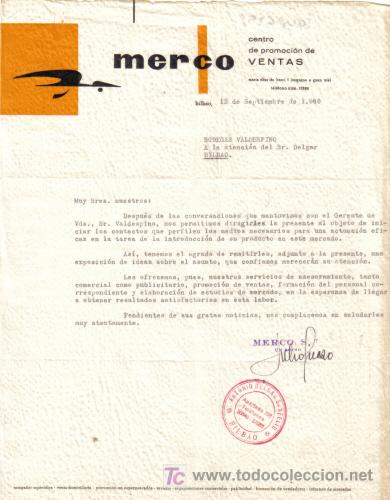 Gesch&auml;ftsbriefe: BILBAO. 1960. CARTA COMERCIAL DE CENTRO DE PROMOCIO DE VENTAS. MERCO.
