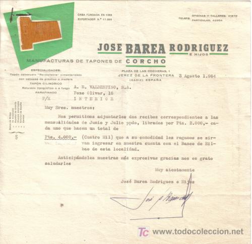 Gesch&auml;ftsbriefe: JEREZ DE LA FRONTERA ( CADIZ).1964. CARTA COMERCIAL DE MANUFACTURA DE TAPONES DE CORCHO. JOSE BAREA.