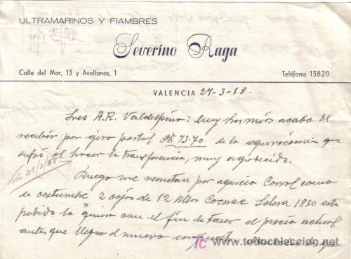 Gesch&auml;ftsbriefe: VALENCIA.1958. CARTA COMERCIAL DE ULTRAMARINOS Y FIAMBRES. SEVERINO RAGA.