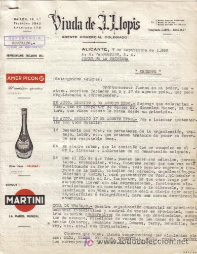 Gesch&auml;ftsbriefe: ALICANTE.1960. CARTA COMERCIAL DE AGENTE COMERCIAL. VIUDA DE J. LLOPIS.
