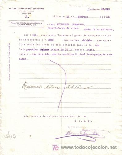 Gesch&auml;ftsbriefe: ALICANTE.1925. CARTA COMERCIAL DE CONSIGNATARIO. ANTONIO PEREZ PEREZ.