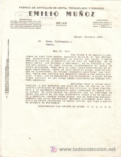Gesch&auml;ftsbriefe: BEJAR ( SALAMANCA).1955. CARTA COMERCIAL DE FABRICA DE ARTICULOS DE METAL. EMILIO MU&Ntilde;OZ.
