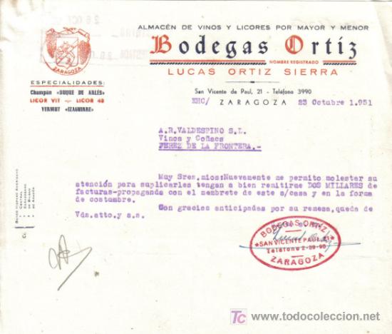 Gesch&auml;ftsbriefe: ZARAGOZA.1951. CARTA COMERCIAL DE ALMACEN DE VINOS. BODEGAS ORTIZ.