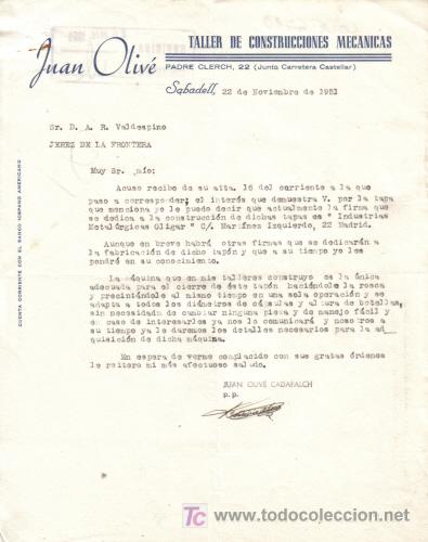 Gesch&auml;ftsbriefe: SABADELL.1951. CARTA COMERCIAL DE TALLER DE CONSTRUCCIONES MECANICAS. JUAN OLIVE.