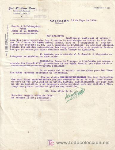 Gesch&auml;ftsbriefe: CASTELLON.1950. CARTA COMERCIAL DE AGENTE COMERCIAL. JOSE M&ordm; VICENT FAURO.