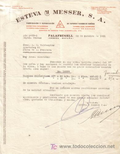 Gesch&auml;ftsbriefe: PALAFRUGELL ( GERONA). 1951. CARTA COMERCIAL DE FABRICACION Y EXPORTACION DE TAPONES. ESTEVA Y M.