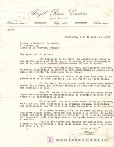 Cartas comerciais: SALAMANCA. 1951. CARTA COMERCIAL DE AGENTE COMERCIAL. ANGEL RUIZ CASTIZO.