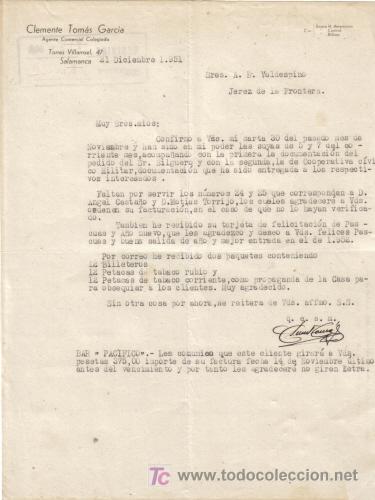 Cartas comerciais: SALAMANCA. 1951. CARTA COMERCIAL DE AGENTE COMERCIAL. CLEMENTE TOMAS GARCIA.