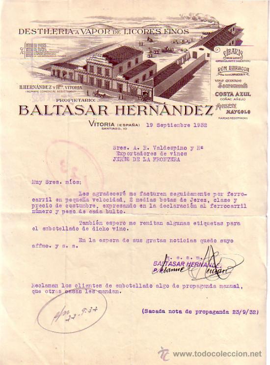 Lettres commerciales: VITORIA. 1932. CARTA COMERCIAL. DESTILERIA A VAPOR DE LICORES FINOS. BALTASAR HERNANDEZ.