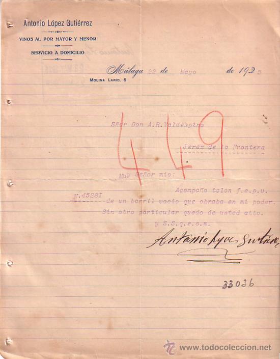 Lettres commerciales: MALAGA. 1925. CARTA COMERCIAL. VINOS AL POR MAYOR Y MENOR. ANTONIO LOPEZ GUTIERREZ.