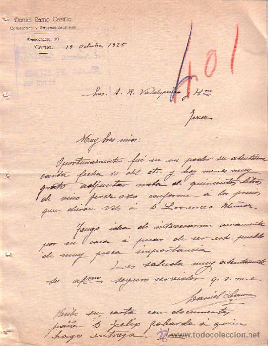 Cartas comerciales: TERUEL. 1925. CARTA COMERCIAL DE DANIEL LAMO CASTILLO. COMISIONES Y REPRESENTACIONES.