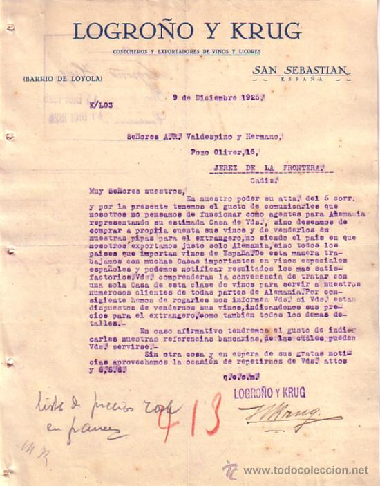 Cartas comerciales: SAN SEBASTIAN. 1925. CARTA COMERCIAL DE LOGRO&Ntilde;O Y KRUG. COSECHEROS Y EXPORTADORES DE VINOS Y LICORES