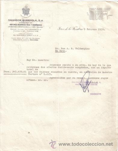 Cartas comerciales: JEREZ DE LA FRONTERA ( CADIZ).1959. CARTA COMERCIAL DE BODEGAS DE ANTONIO RODRIGO RUIZ Y HERMANOS.