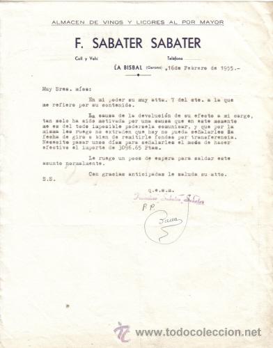 Gesch&auml;ftsbriefe: LA BISBAL ( GERONA). 1955. CARTA COMERCIAL DE ALMACEN DE VINOS Y LICORES. F. SABATER.